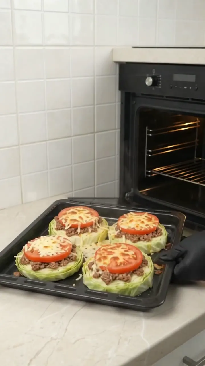 Baked Cabbage Steaks with Ground Beef, Tomato and Cheese