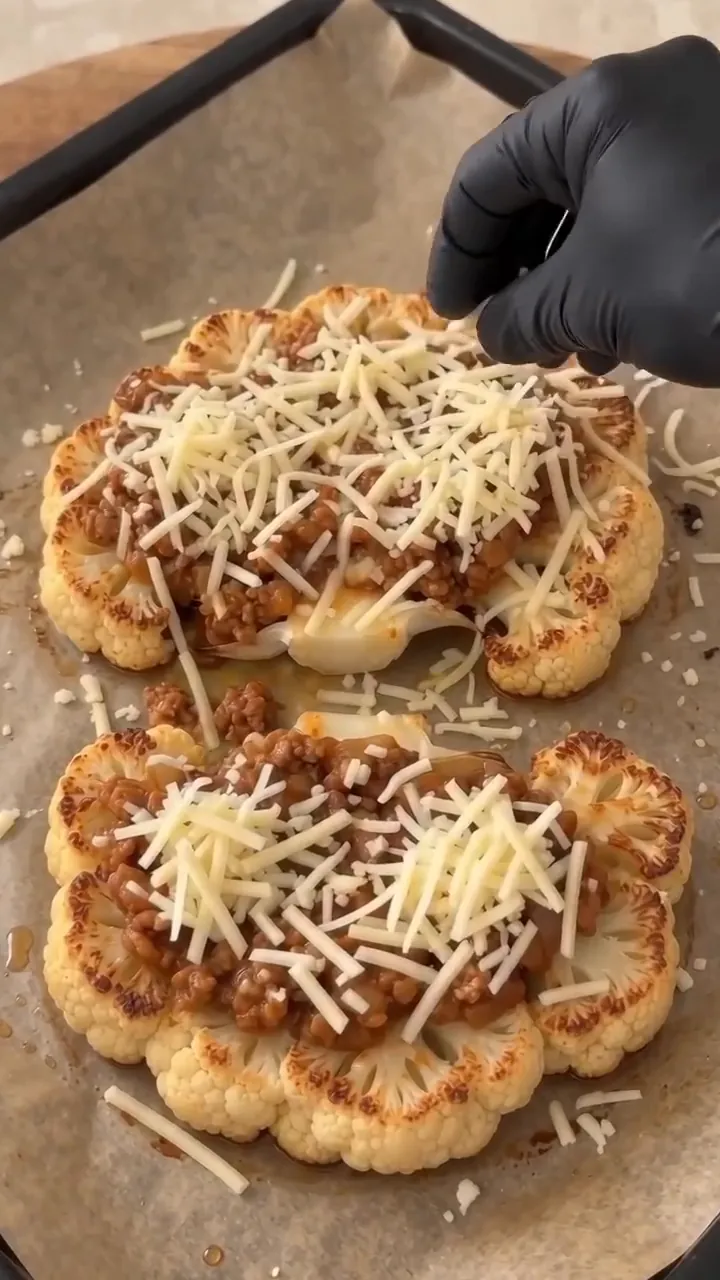 One-Pan Cheesy Ground Beef Cauliflower Steaks