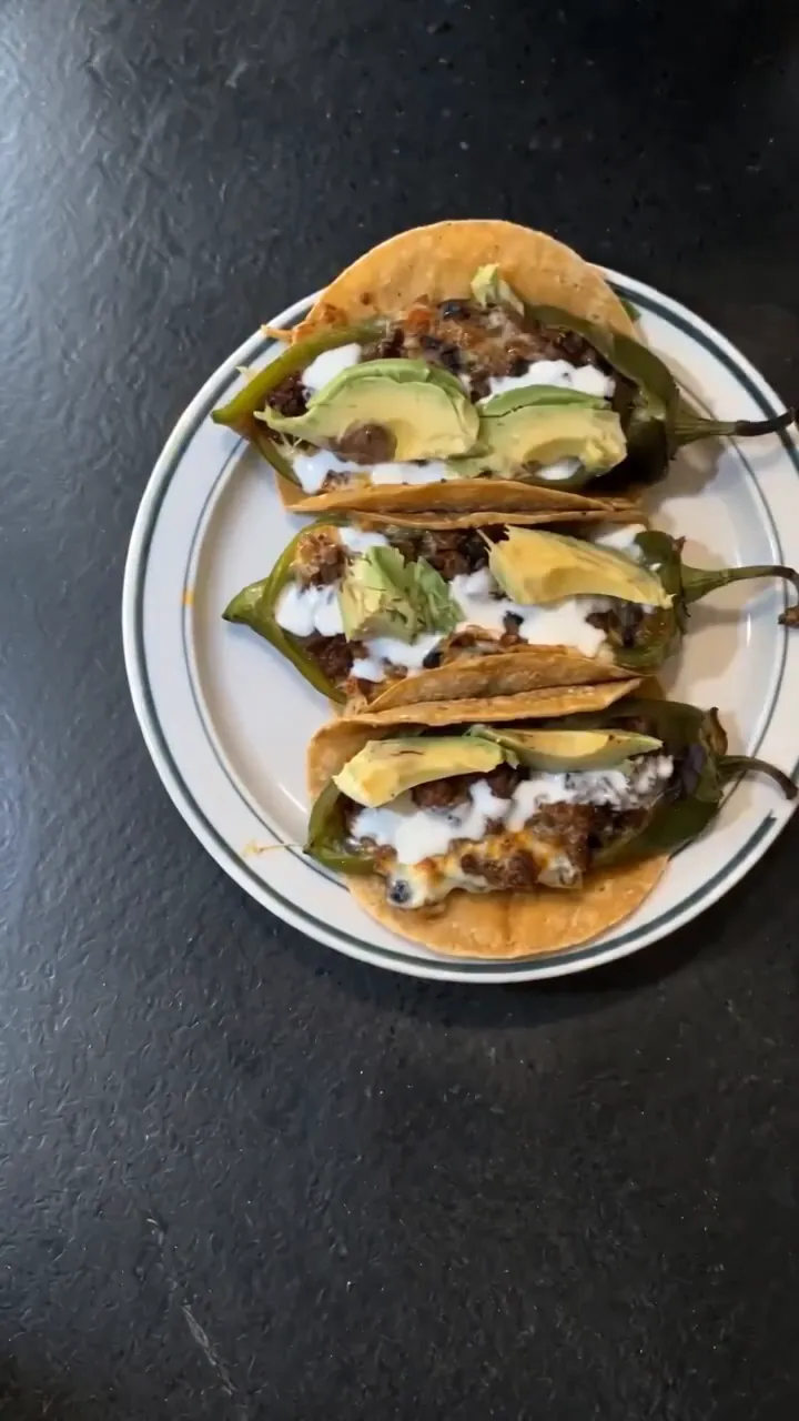 Roasted Stuffed Chile Tacos with Beef and Beans