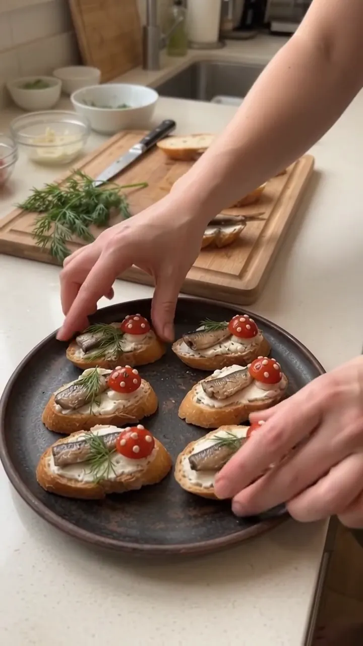 Smoked Sprat and Cream Cheese Baguette Bites – preparation