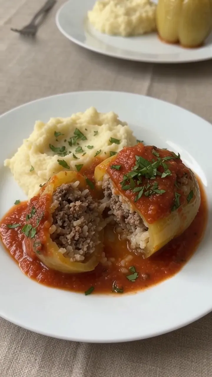 Stuffed Peppers with Beef and Rice over Mashed Potatoes