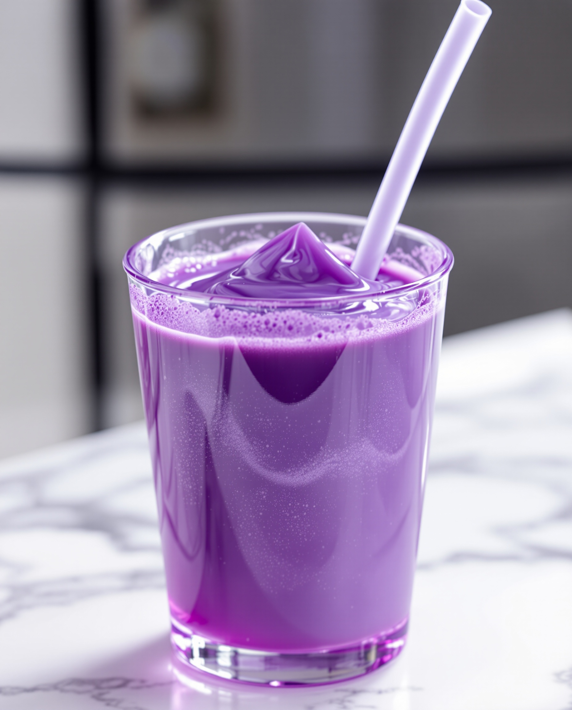 Close-up of deep purple bariatric gelatin liquid diet recipe with straw