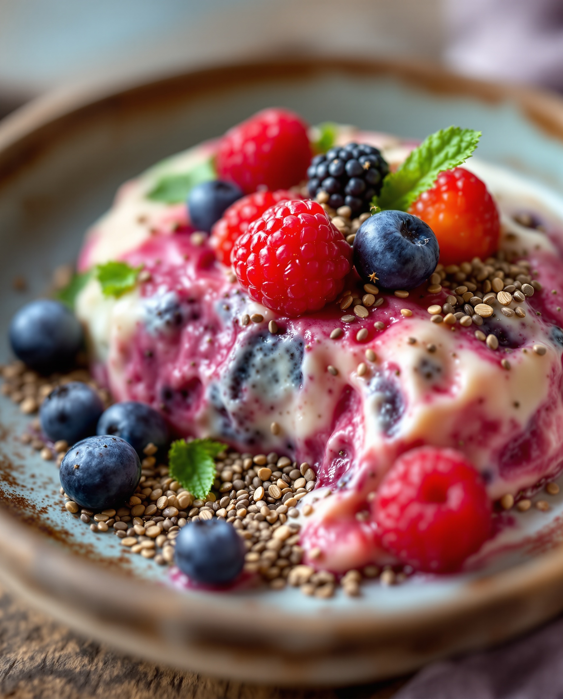 Close-up of multicolore Berry Chia Pudding, blood sugar dessert.