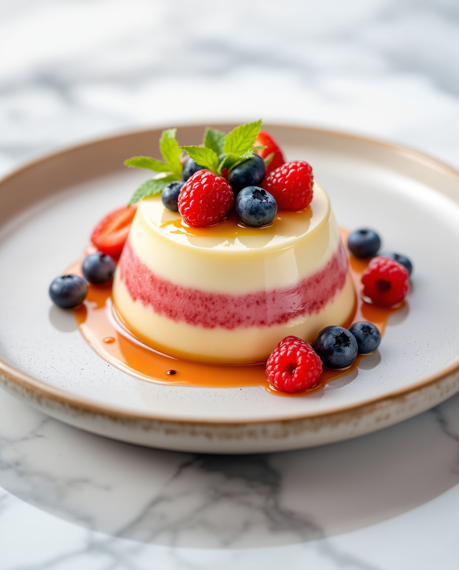 Close-up of multicolore fruity blood sugar dessert panna cotta.