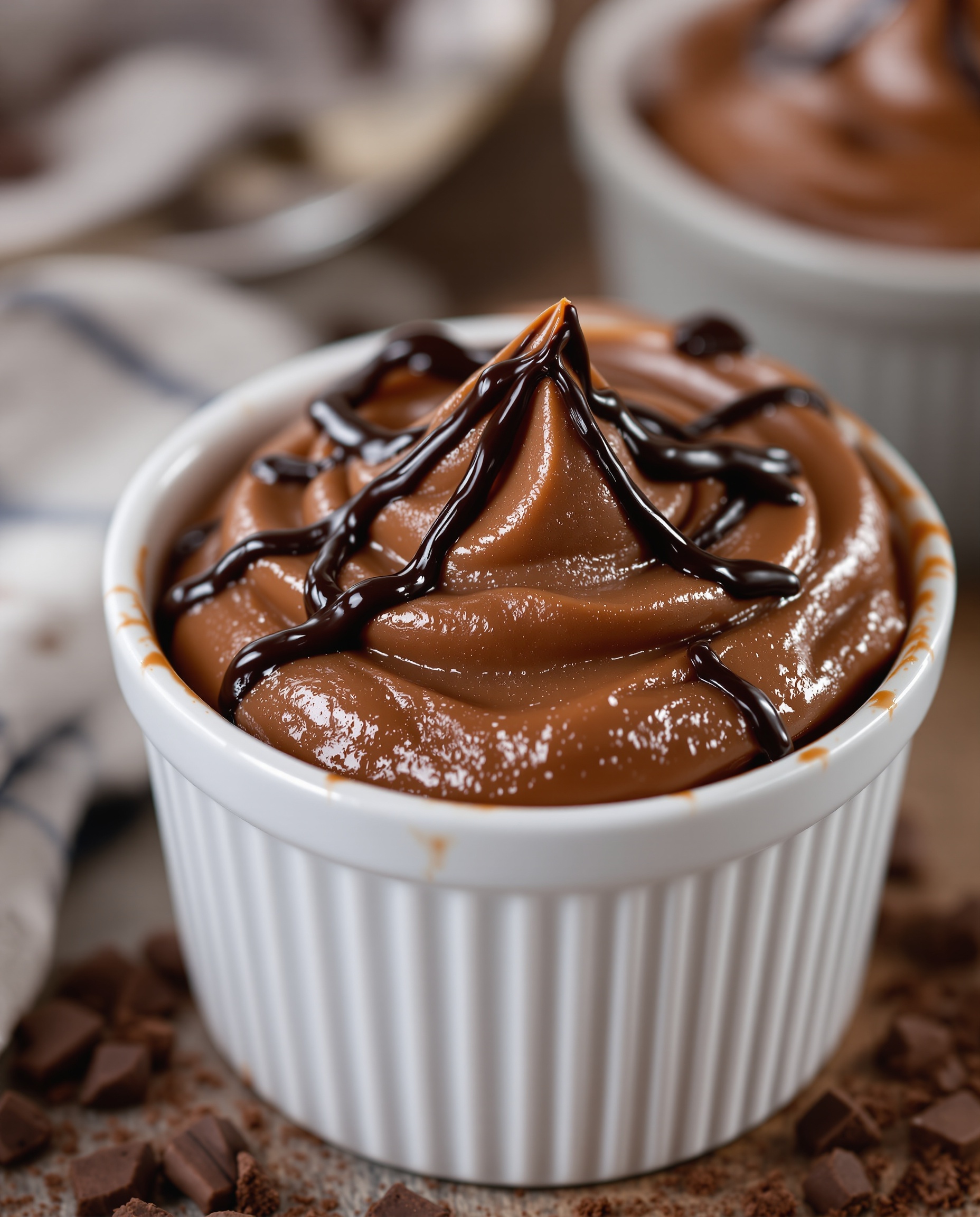 Close-up of brun chocolate pudding with dark chocolate drizzle, blood sugar friendly dessert.
