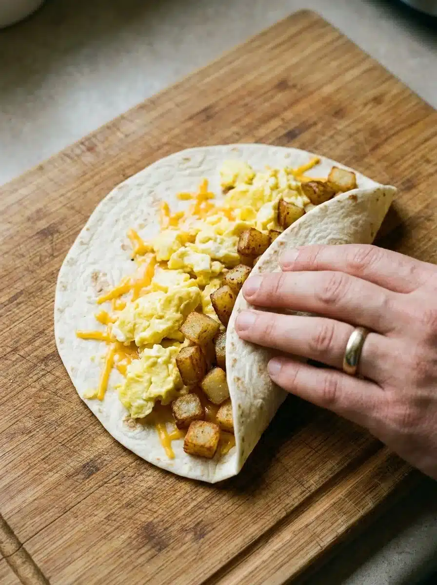 Six folded breakfast burritos searing seam side down in a dry frying pan