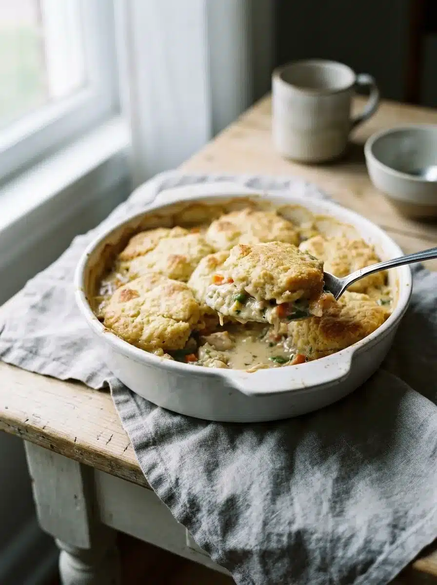 Baked chicken cobbler in a rectangular dish with a golden biscuit top and a spoonful lifted out