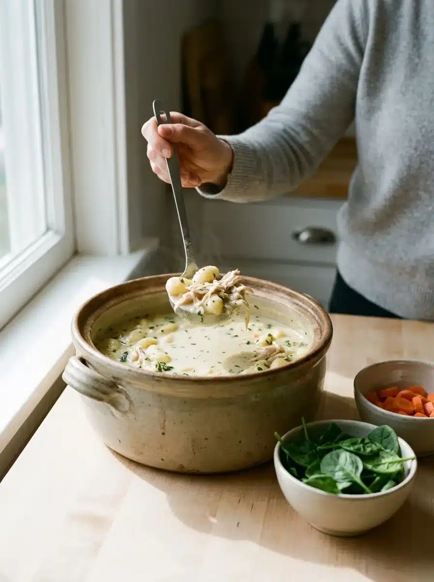 Potato gnocchi and shredded chicken in a creamy soup being lifted on a spoon
