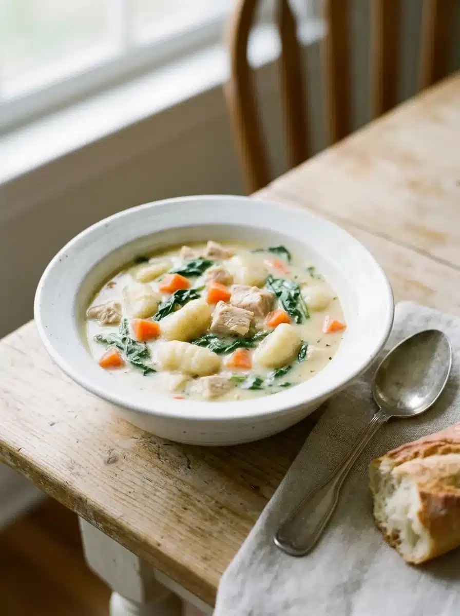 A bowl of creamy chicken gnocchi soup with carrots, celery and wilted spinach