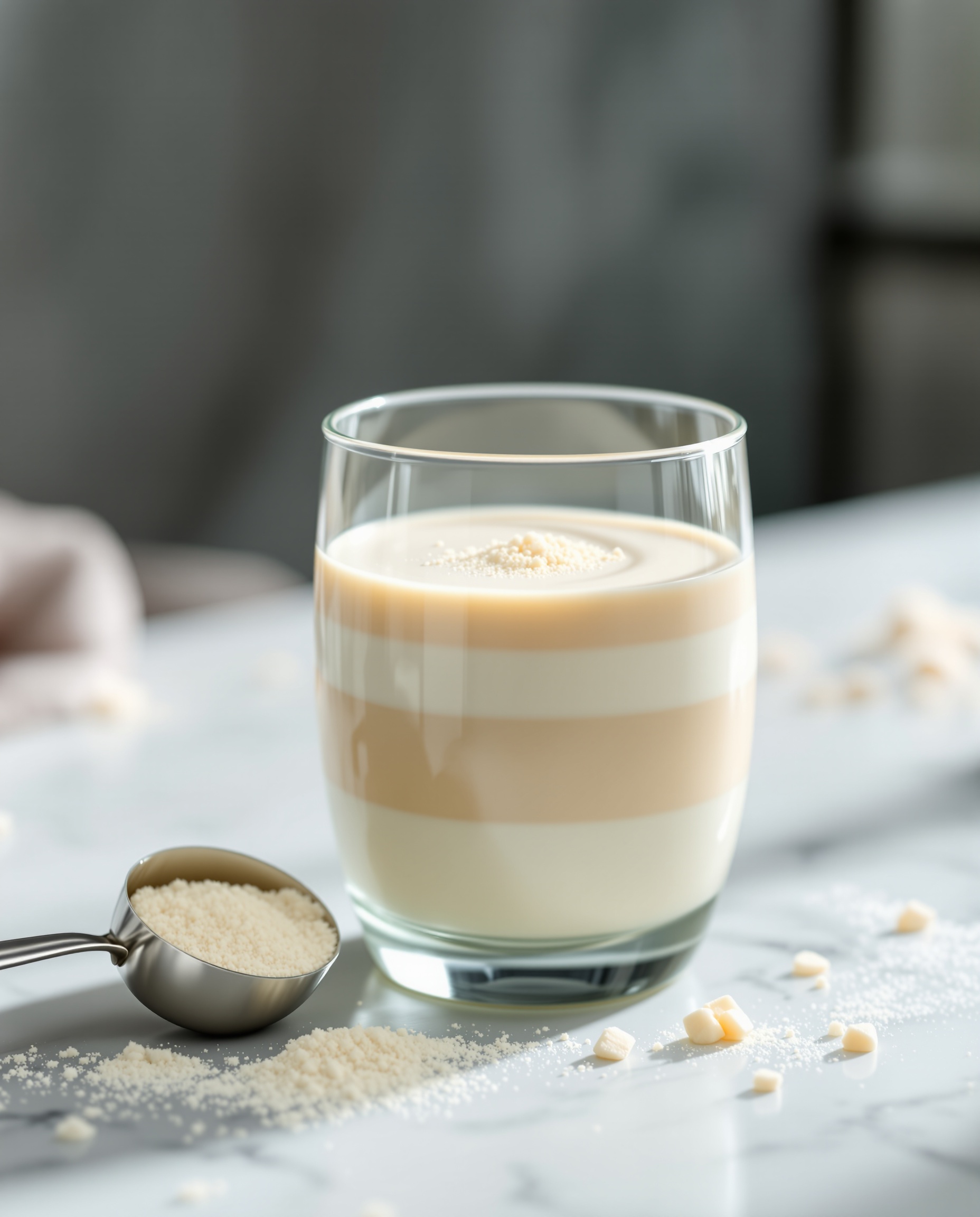 Close-up of creamy blanc nacré collagen smoothie texture in glass.