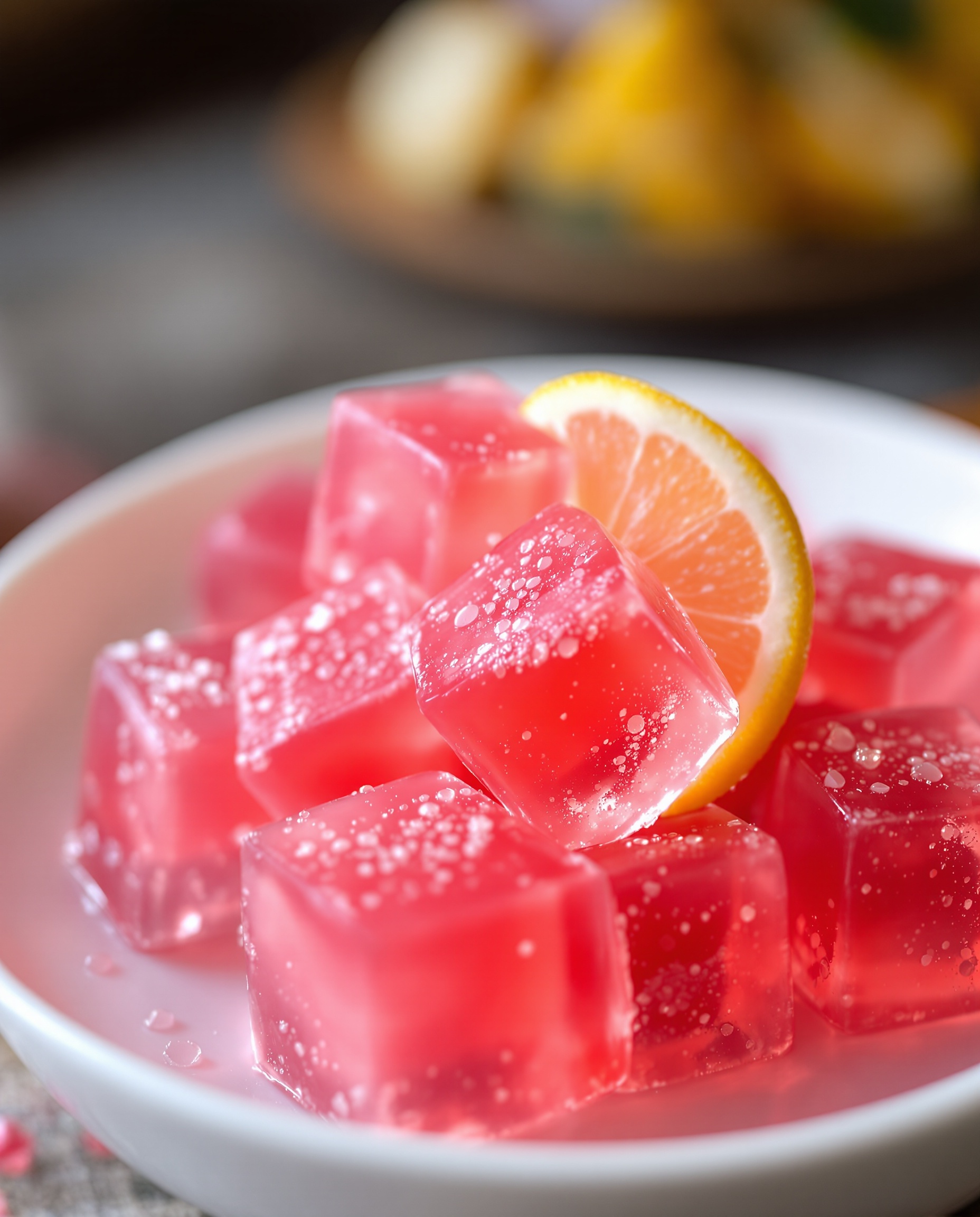 Close-up of jiggly rose-rouge gelatin cubes, Dr. Ashton Bariatric Gelatin Protocol.