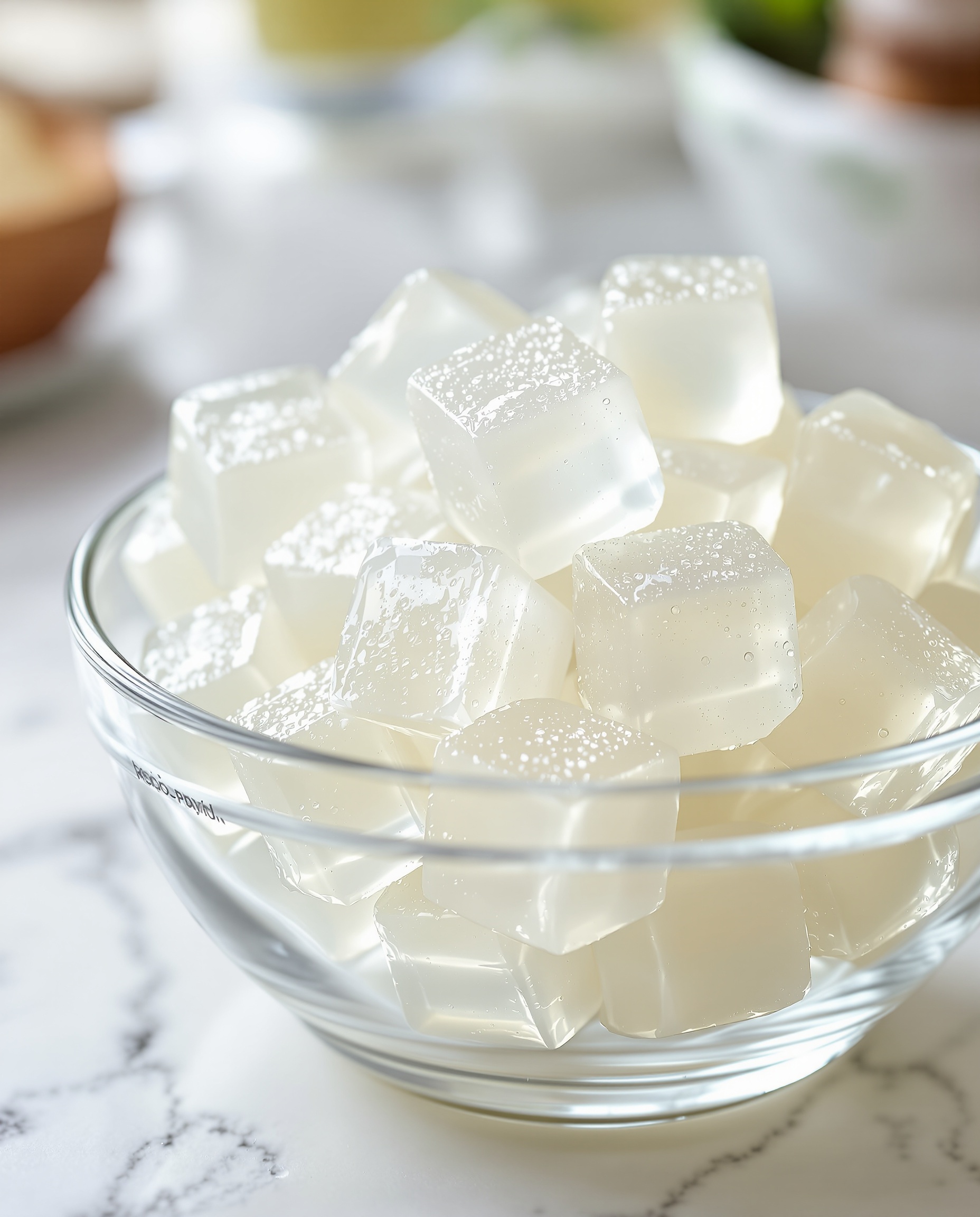 Close-up of blanc-doré gelatin cubes with MCT oil keto.