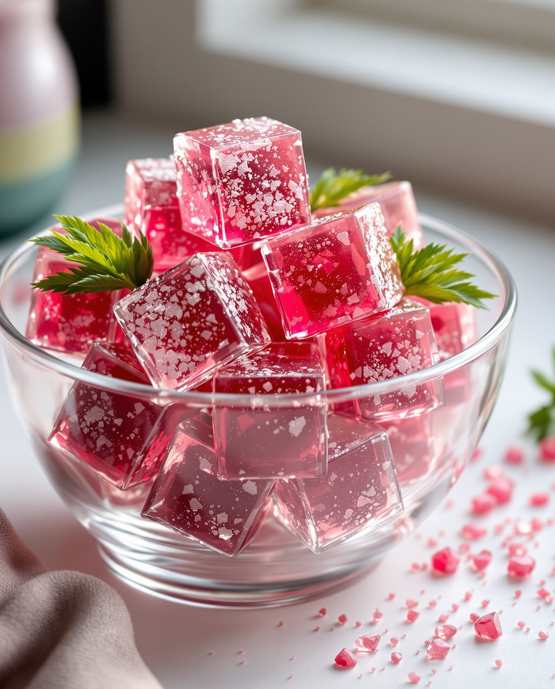 Close-up of rose-vert gelatin trick with psyllium husk cubes.