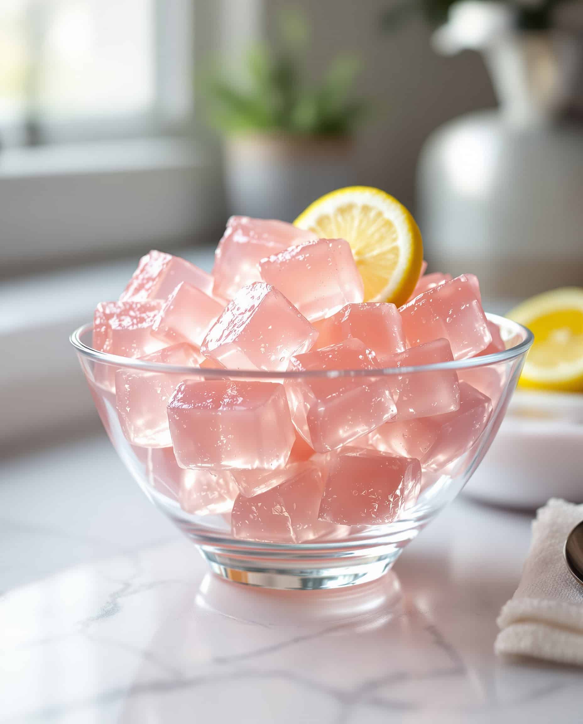 Close-up of rose-transparent jiggly gelatin cubes for weight loss.