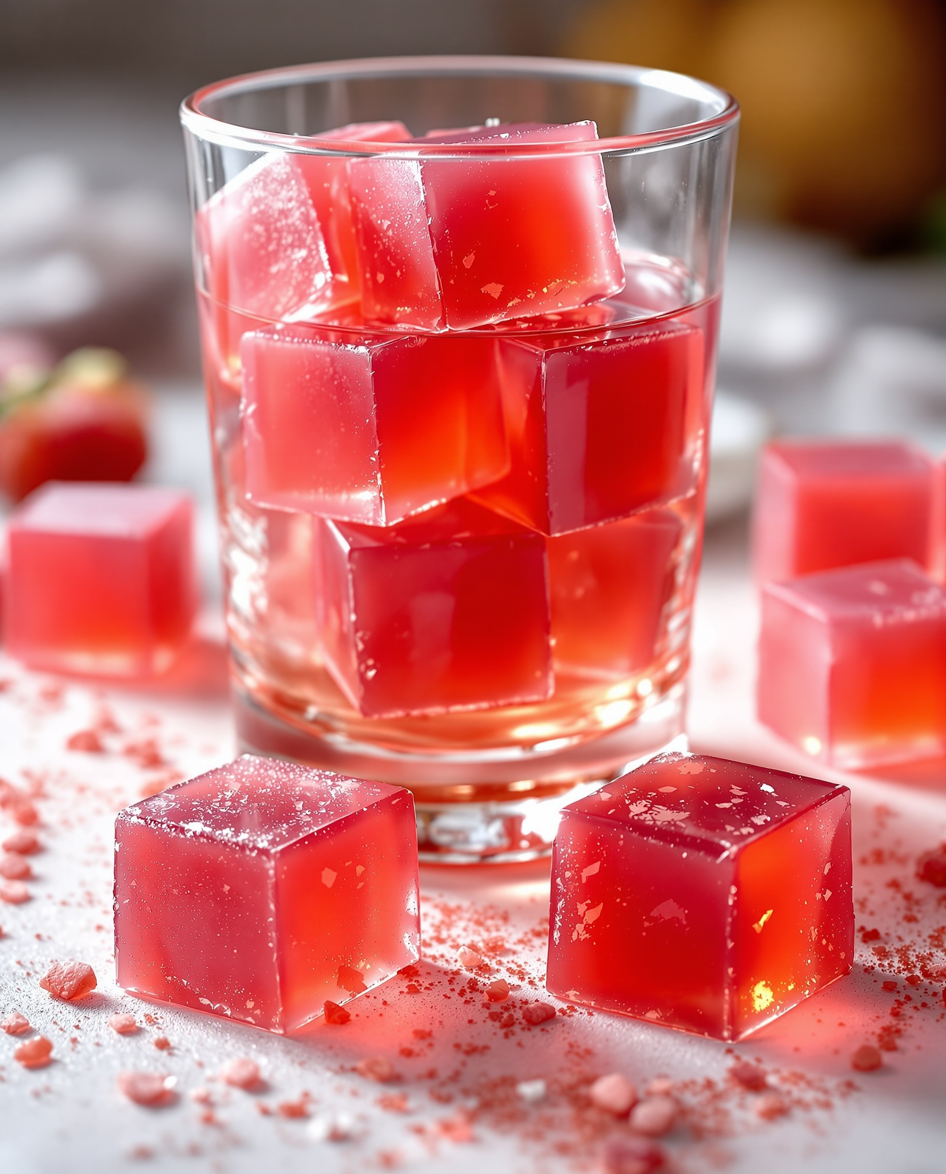 Close-up of rose-ambre gelatin cubes, a low-calorie weight loss snack.