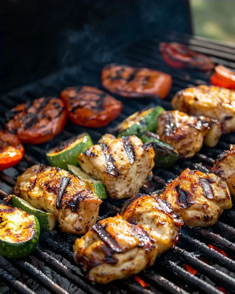 Close-up of grilled chicken and vegetables
