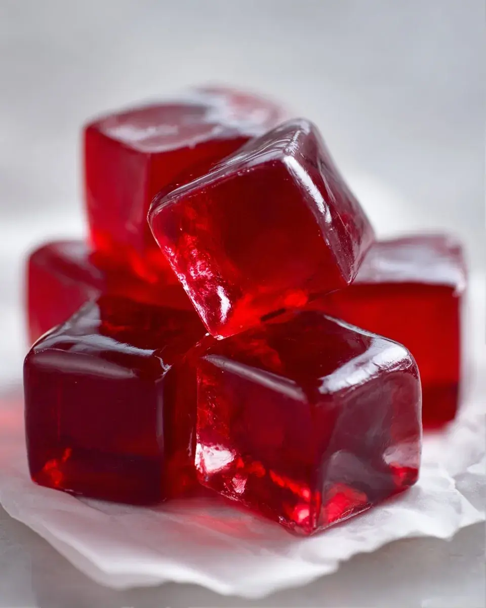 Extreme close-up of clear red gelatin with a single raspberry on top.