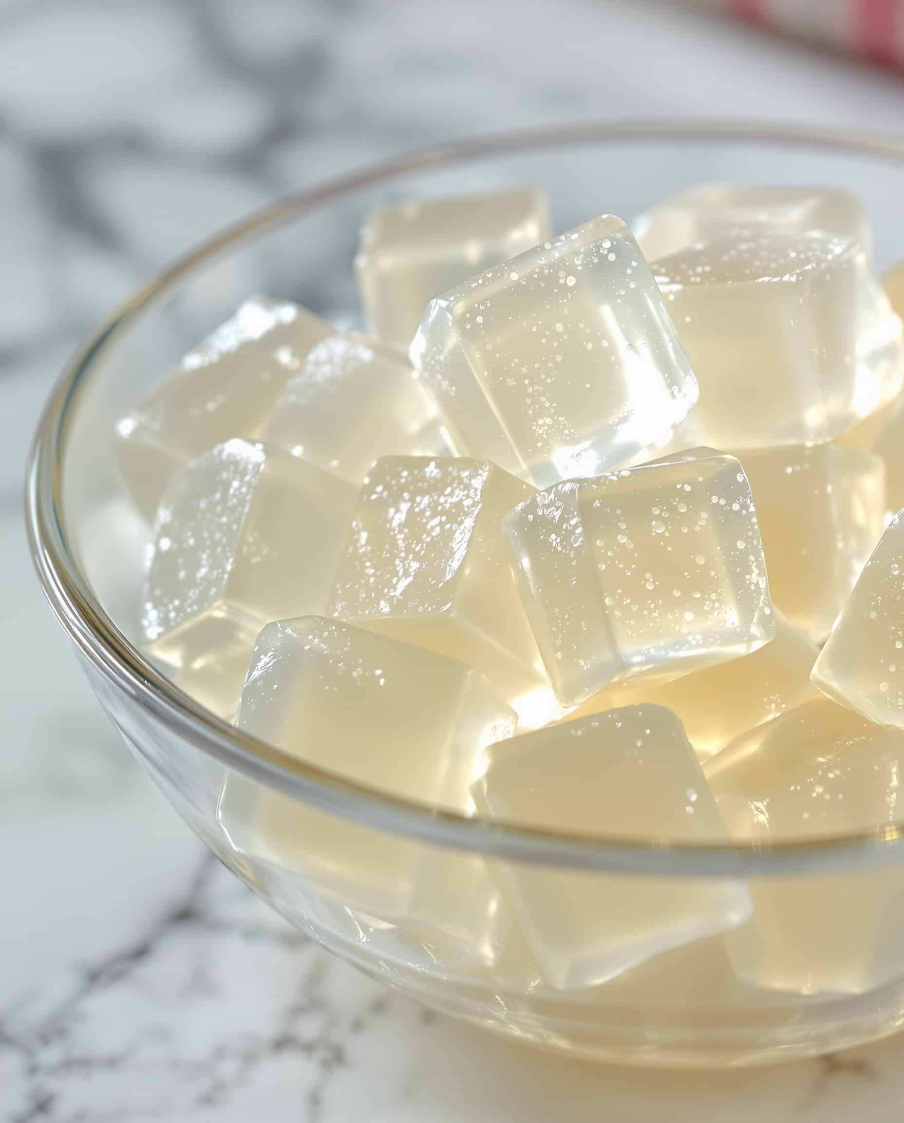Close-up of blanc-transparent ice gelatin cubes for weight loss