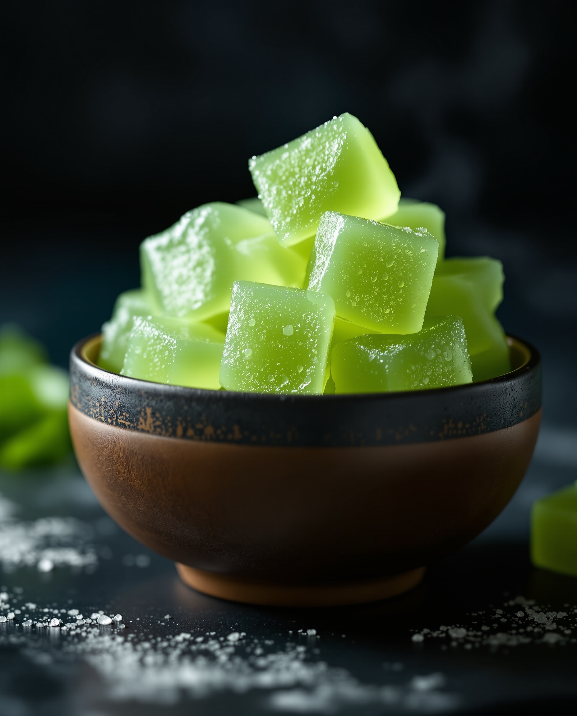 Close-up of light green konjac jelly cubes, a low-calorie weight loss snack.