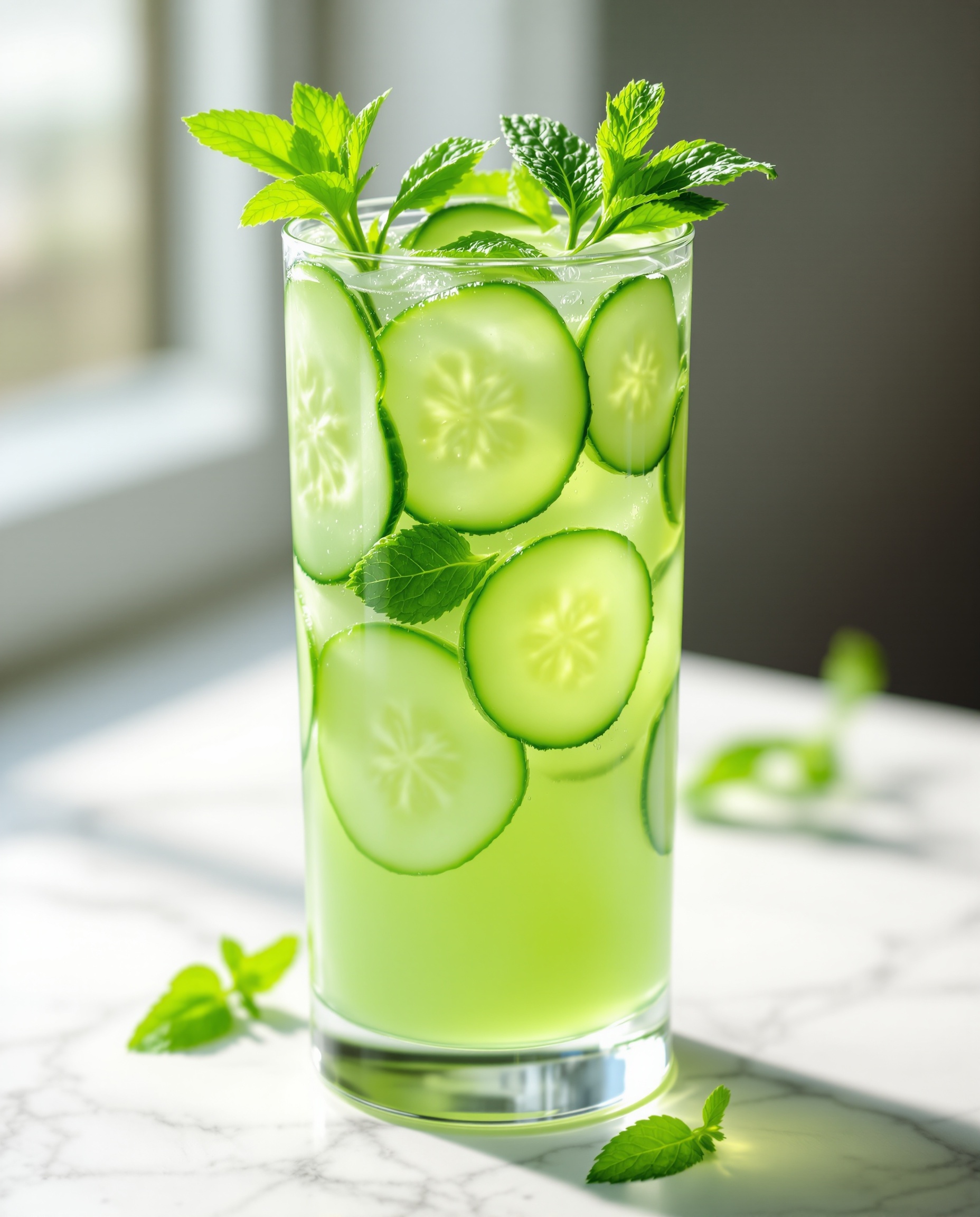 Close-up of vibrant green lymphatic drainage juice with cucumber garnish.