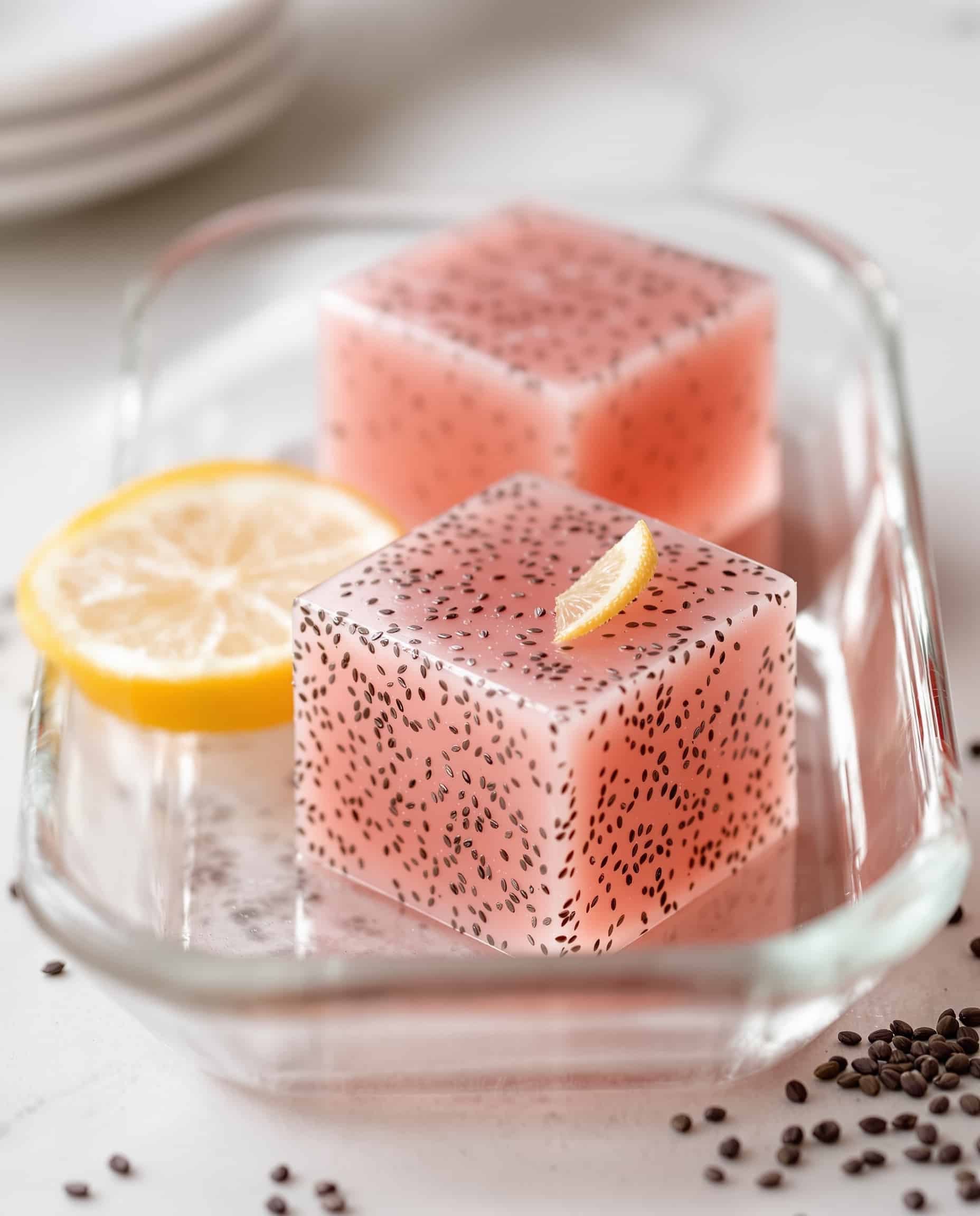 Close-up of jiggly ambre-rose ACV lemon chia seed gelatin cubes for weight loss.
