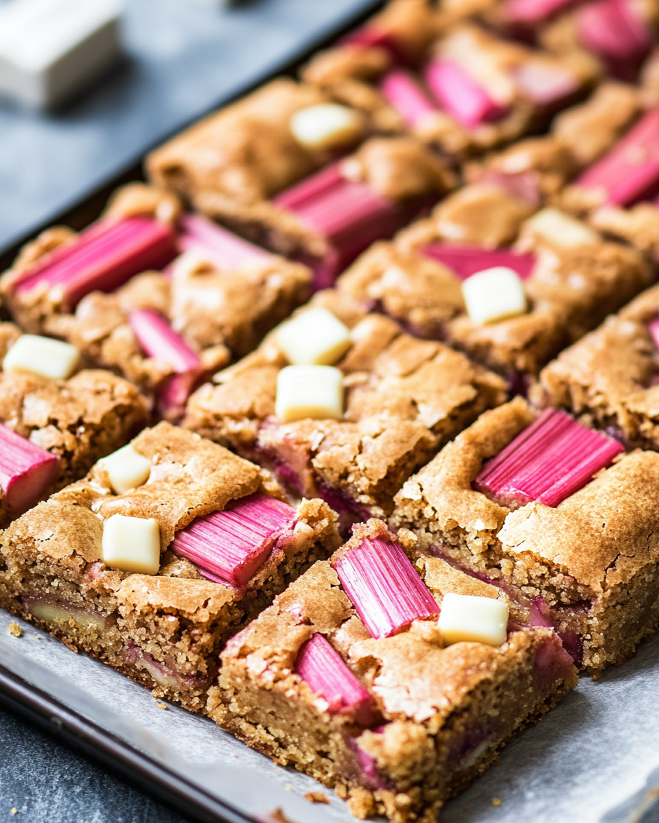Close-up of a rhubarb blondie