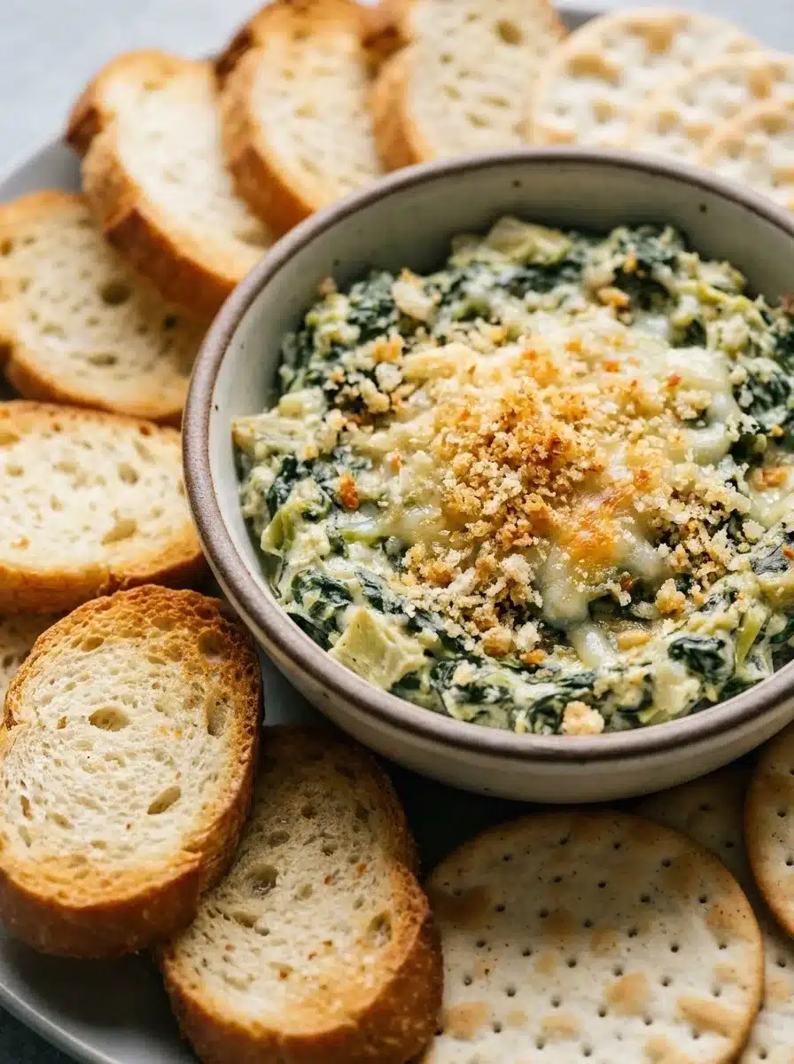 A piece of toasted baguette lifting a thick scoop of spinach artichoke dip from the baking dish