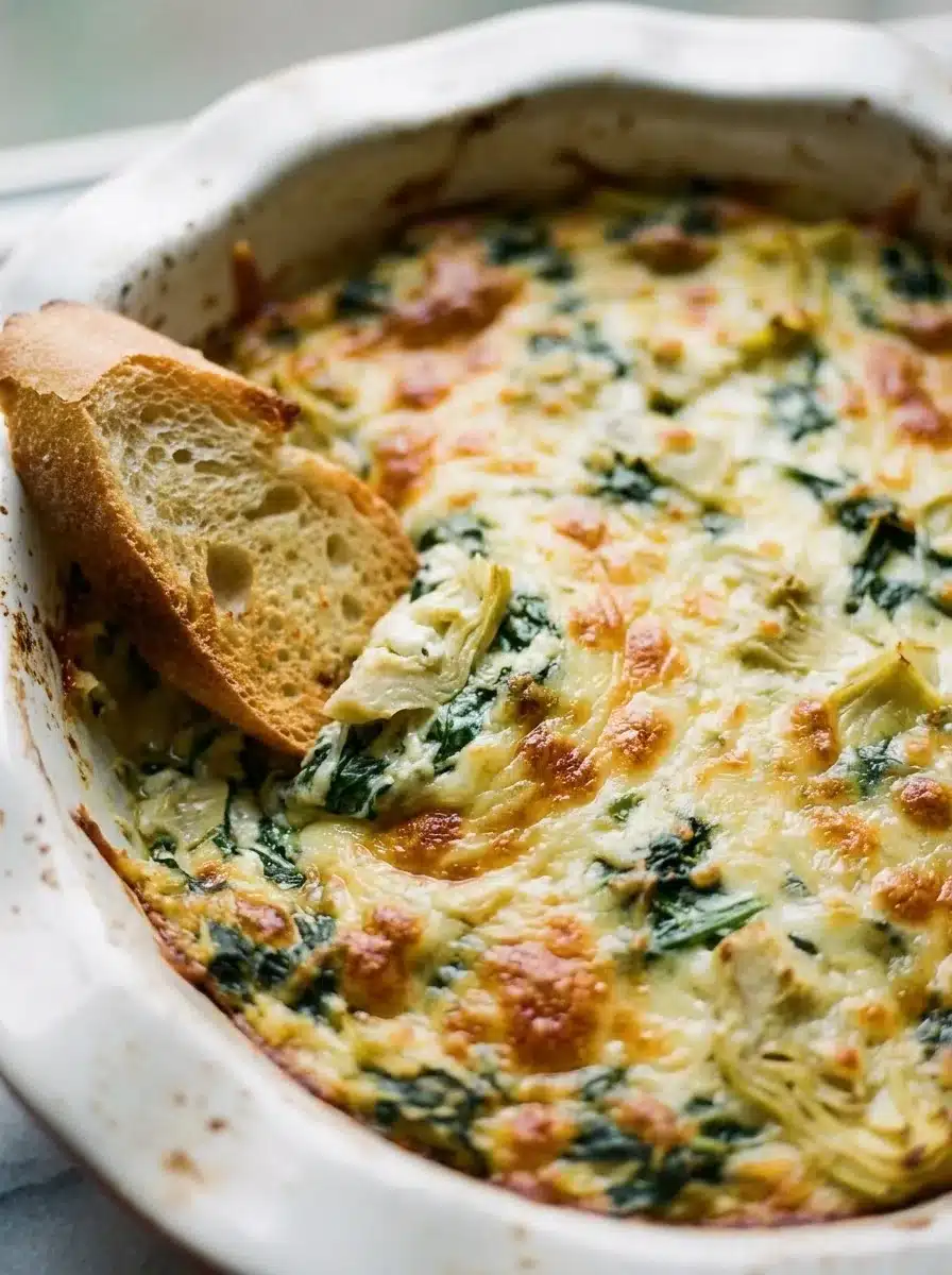 Baked spinach artichoke dip in a white ceramic dish with a browned cheese top and toasted bread alongside
