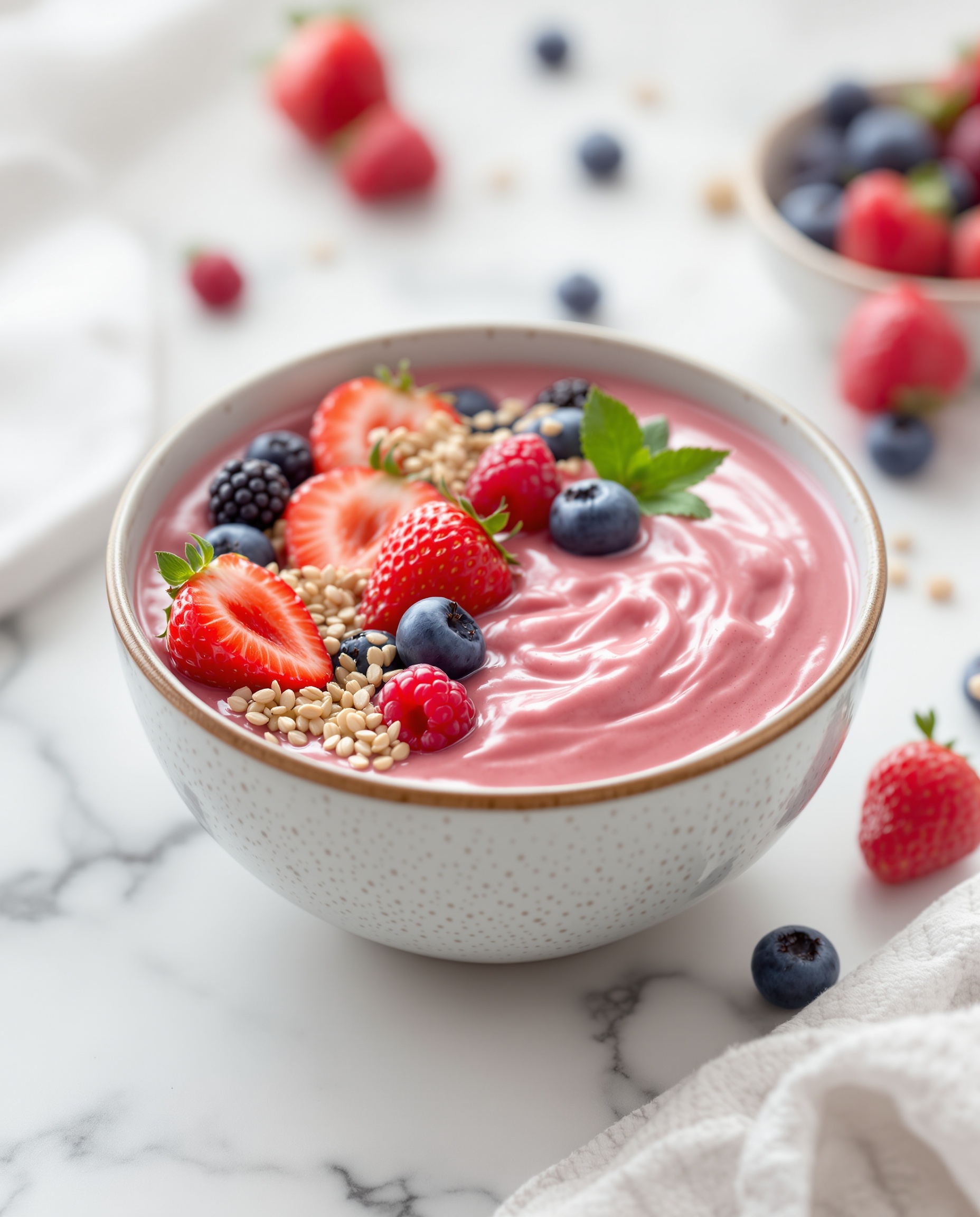 Close-up of creamy rose-rouge strawberry collagen smoothie with berries.