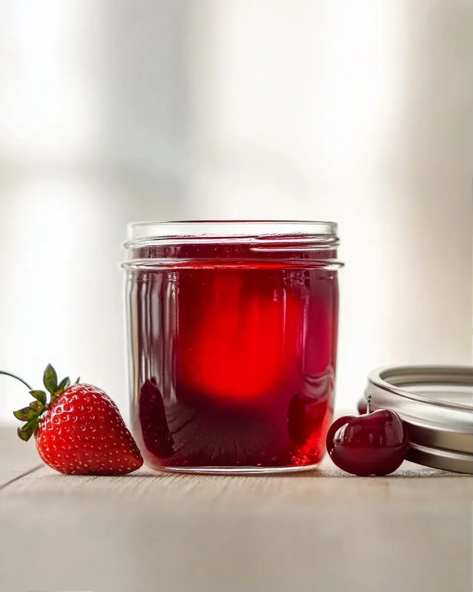 Extreme close-up of the smooth, translucent texture of tart cherry grapefruit jello.