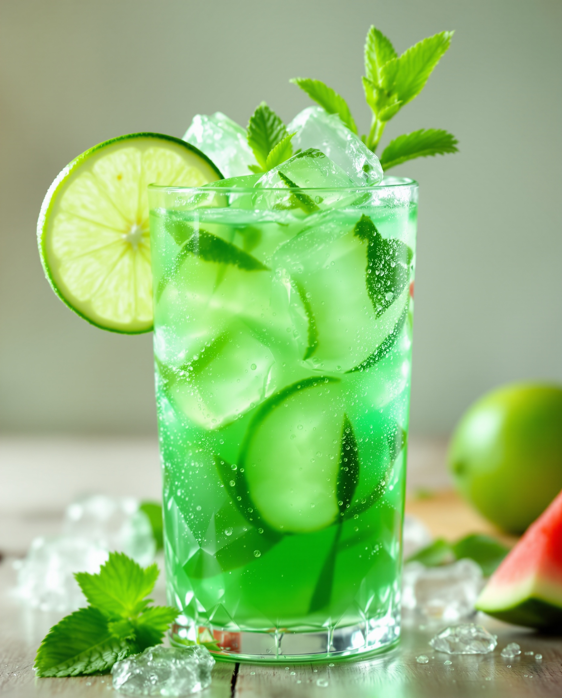 Close-up of vibrant green watermelon juice with ice and garnish.